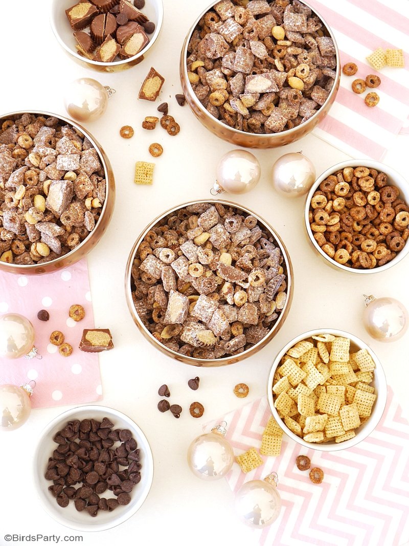 The Perfect Holiday Party Snack - learn to make this quick and easy Chocolate and Peanut Butter Cheerios™ Chex™ Muddy Buddies™ Party Mix by BIrdsParty.com @birdsparty #recipe #muddybuddies #partysnack #sweetsnack #holidaypartysnack #holidaytreats #chocolate #peanutbutter