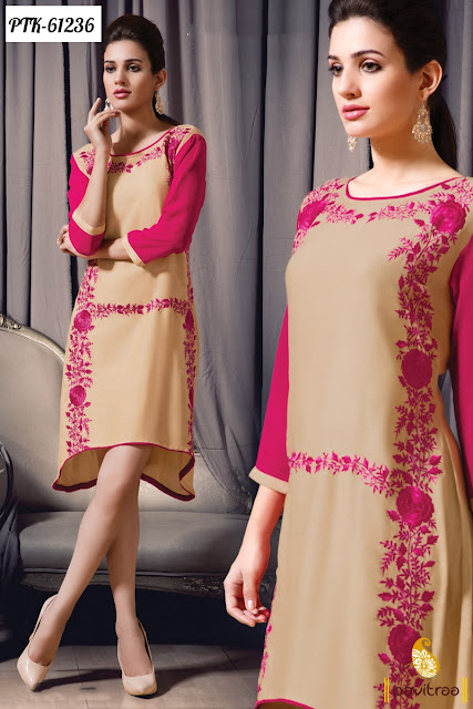 Latest Modern Style Designer Beige Color Party Wear Kurti For College Girls Wear Online Shopping with Lowest Cost Prices