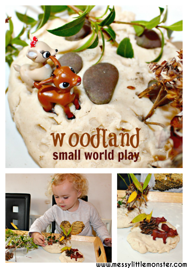 Woodland small world playdough activity for kids. Toddlers and preschoolers will love collecting nature and using it with playdough to create a miniature woodland scene. This activity is great for imaginative play and animals/ woodland project.