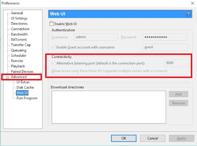 uTorrent Options  Preferences  Advanced  WebUI connectivity port number 8080