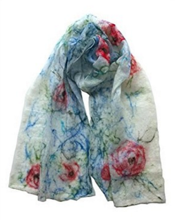 Handmade Merino felt scarf blue green foliage red roses by Mimi Pinto from amazon uk