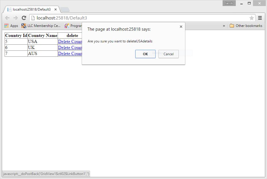 How to delete row of Gridview using Link button in C