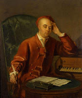 Philip Mercier: Handel composing at a single manual harpsichord, c 1730.