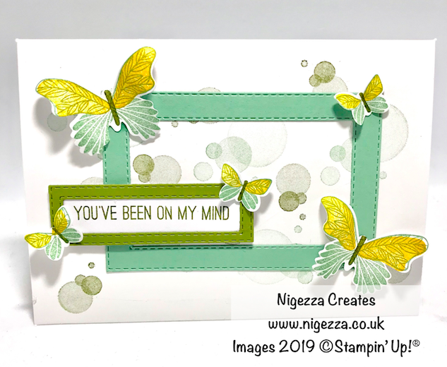 Colour challenge STampin' Up! Mint Macaron, Old Olive and Daffodil Delight, Butterfly Gala, Beauty Abound, Stitched Rectangles