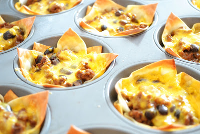 Taco Cupcakes are Wonton wrappers filled with ground beef, beans, cheese and salsa. Life-in-the-Lofthouse.com