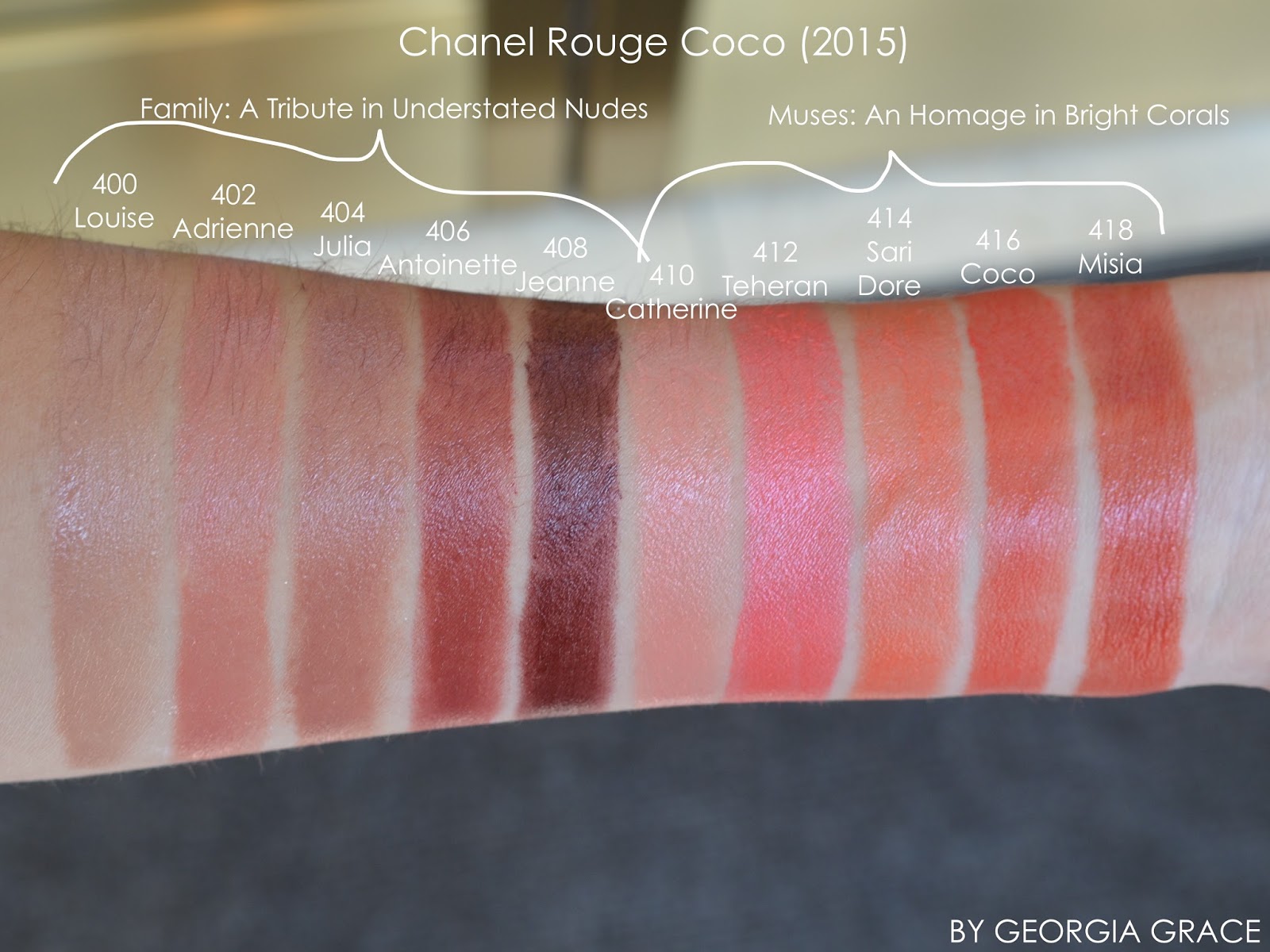 Chanel Rouge Coco Swatches of All Shades | By Georgia Grace