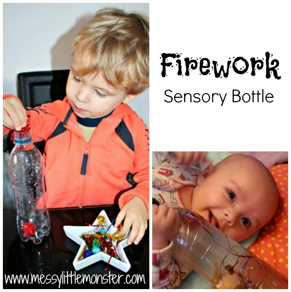 How to make a firework sensory bottle.  Activity ideas for babies and toddlers.  Great for bonfire night or new years eve celebrations.
