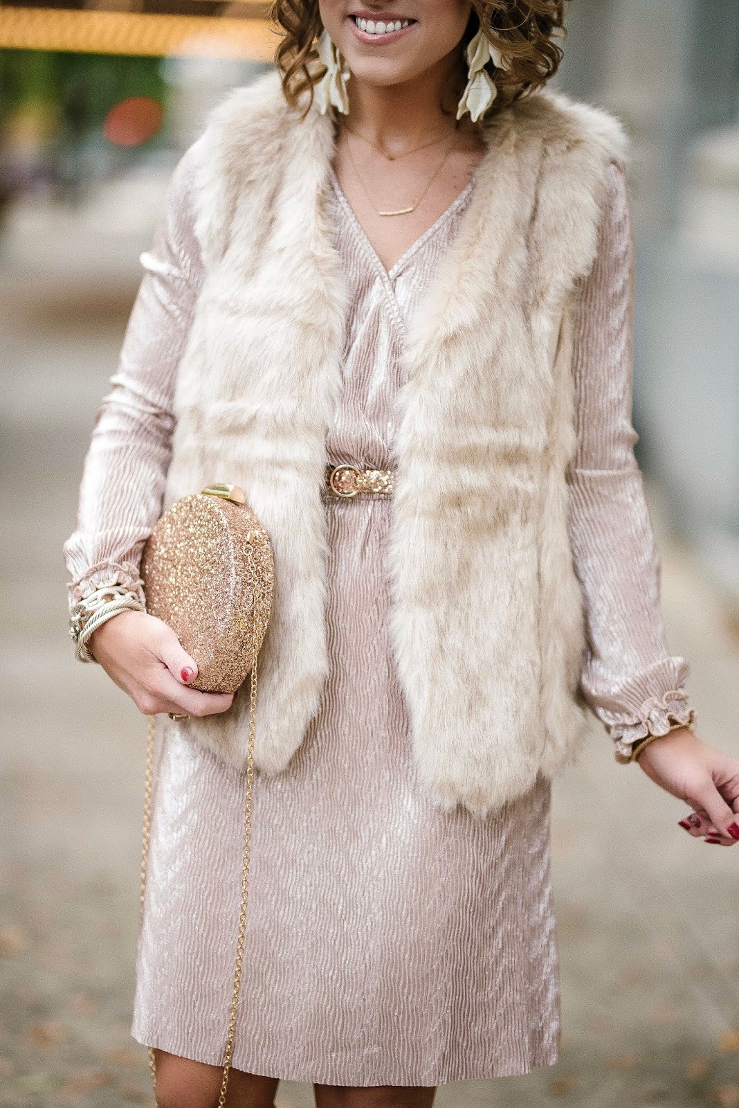 Pink Pleated Dress, Faux Fur Vest and Glitter Accessories - Something Delightful Blog
