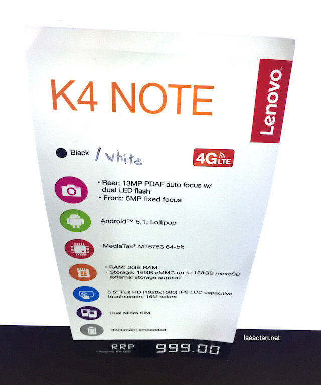 The specs for Lenovo K4 Note 