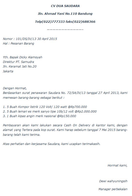 Contoh Surat Pesanan Barang Elektronik - Contoh Surat