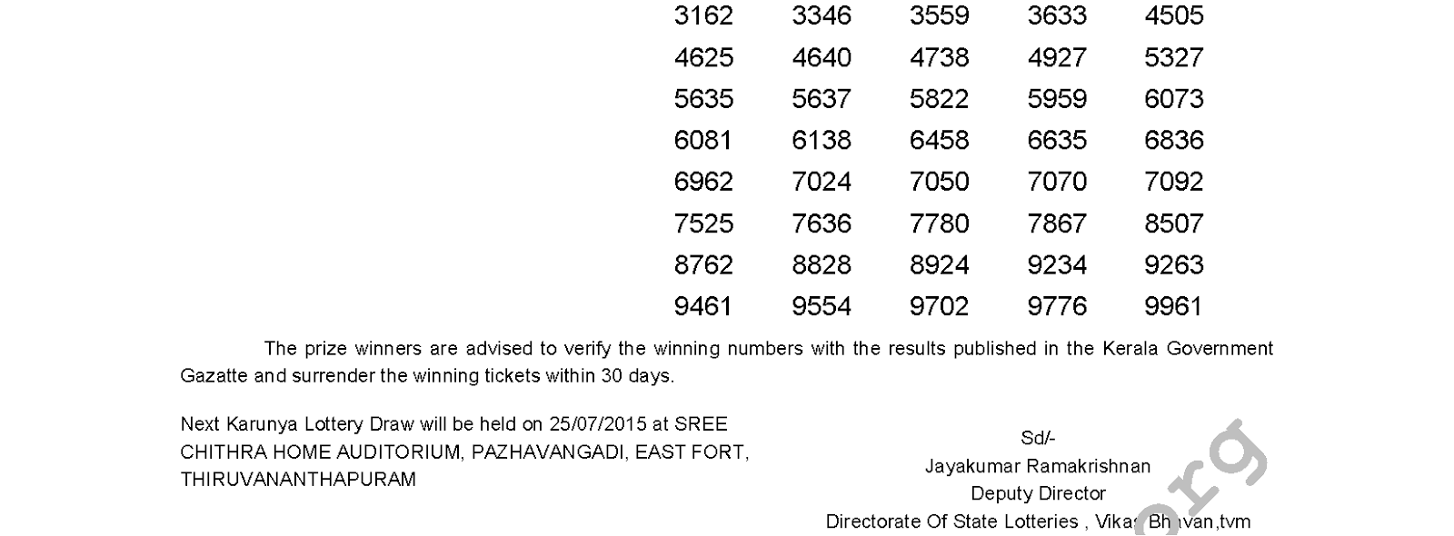 Karunya Lottery KR 199 Result 18-7-2015