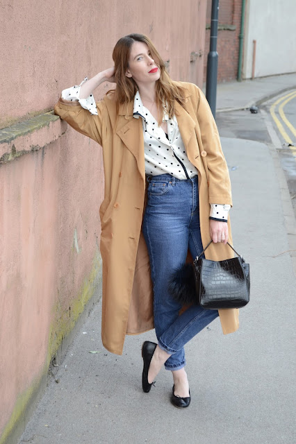 Parisian street style, Simple black and white silk shirt from a Charity shop, Vintage trench, Topshop high waisted mom jeans, Black Ballet pumps, Zara Croc effect black bag.