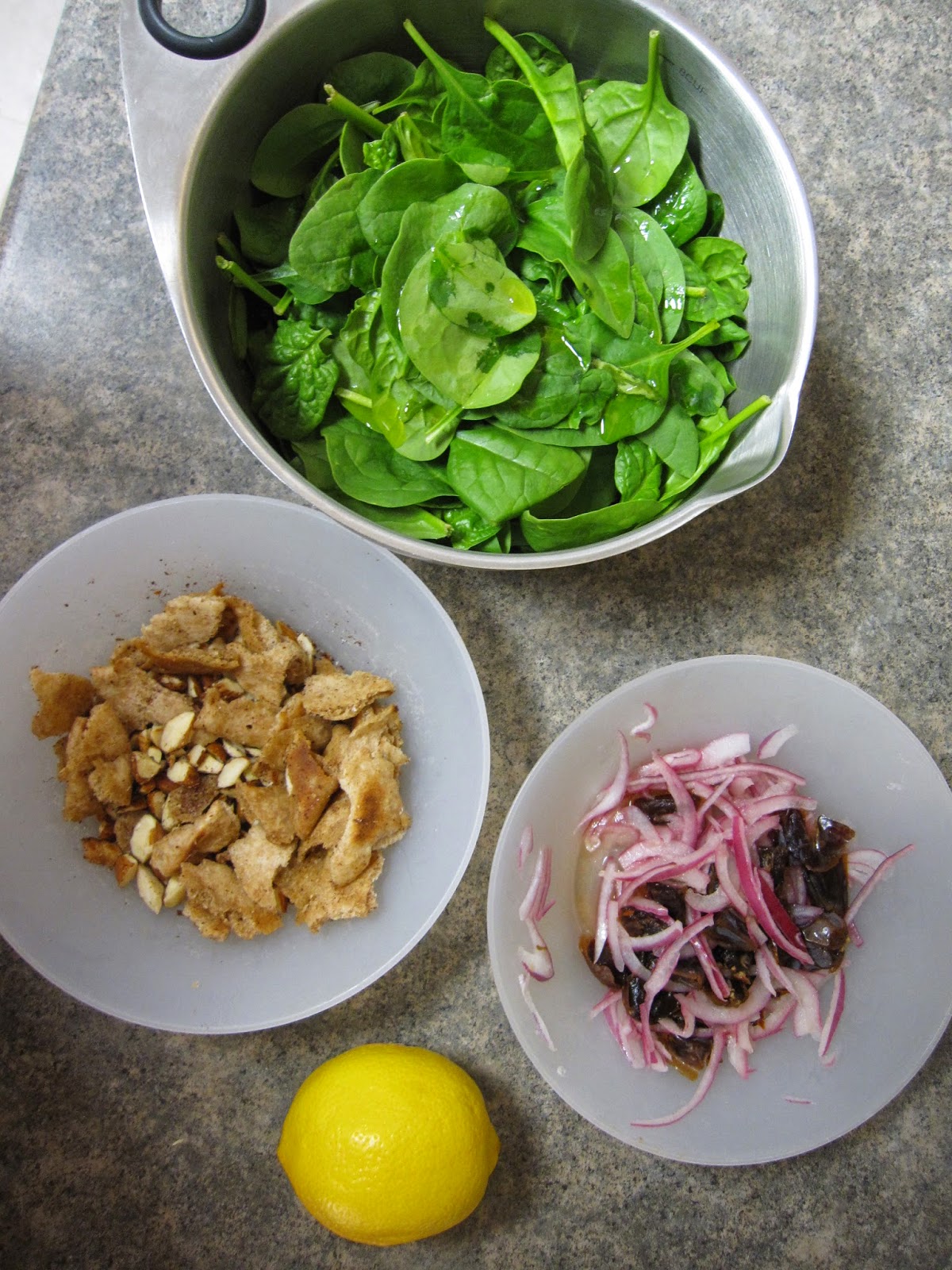 The Scratch Patch Ottolenghi's Spinach Salad with Dates, Almonds, and Pita