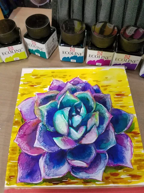 succulent, watercolor succulent, watercolor painting, succulent in watercolor, ecoline, ecoline watercolor markers, illustration made with ecoline watercolor markers