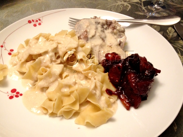 Pheasant, Alfredo, noodles, Fruit Compote