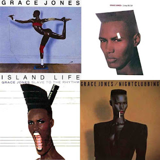 Grace Jones album covers island life, living my life, slave to the rhythm and nightclubbing