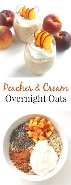 Peaches and Cream Overnight Oats take 5 minutes of prep time the night before and you will have a delicious breakfast ready to go in the morning! www.nutritionistreviews.com