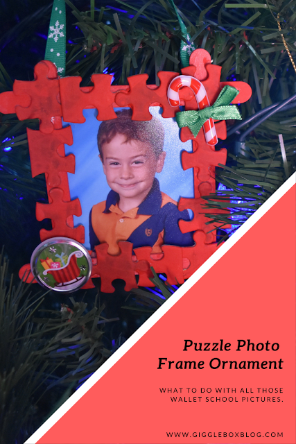 homemade Christmas ornaments, Christmas ornaments, puzzle piece photo frame Christmas ornament, creative way to use the wallet size school pictures, Christmas, Christmas DIY,
