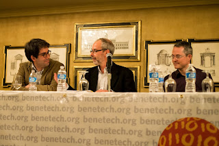 Photo of panelists Enrique Piracés (Benetech), Iain Levine (Human Rights Watch) and Sam Gregory (WITNESS) at a panel on the future of human rights celebrating Martus 10th Anniversary, Nov 6, 2013, Palo Alto, CA.