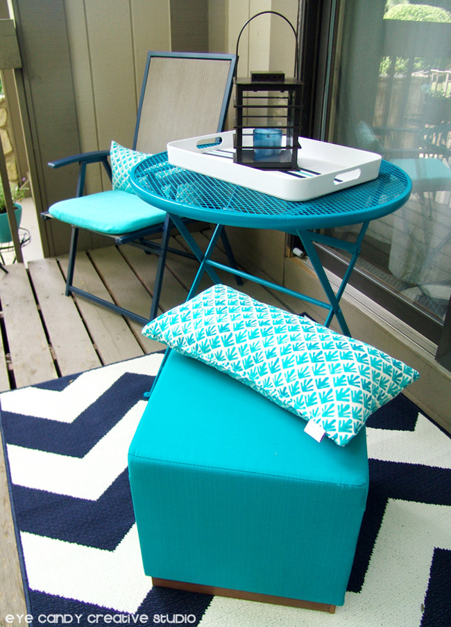 chevron outdoor rug, Target outdoor pillows, aqua stool, patio table & chairs