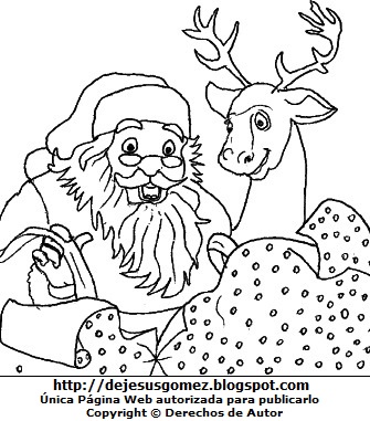 Santa Claus o Papa Noel sin color Dibujo de Papa Noel con su reno para colorear pintar imprimir. Dibujo hecho por Jesus Gómez