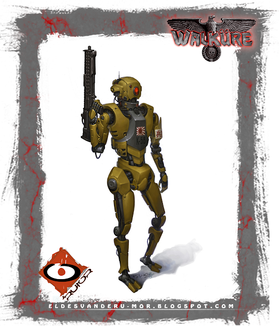 Ilustración de personaje -robot de apoyo de la Kempeitai japonesa- hecha por ªRU-MOR para el juego de rol de sci-fi WALKÜRE. En la ilustración se ve a un robot de forma humanoide, armado, y con las insignias propias de esta policía de élite.