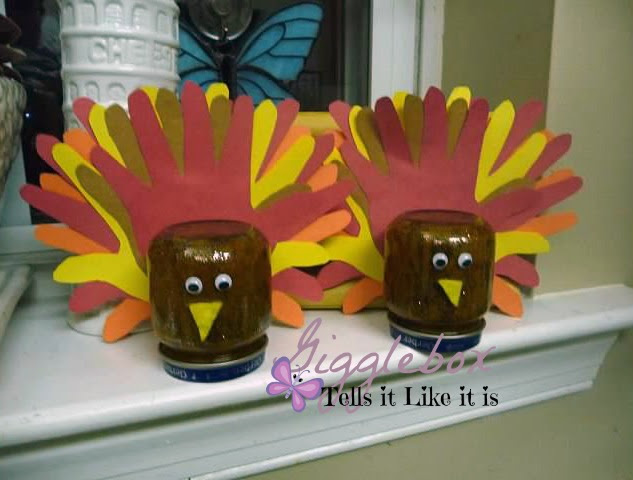 recycled baby food jars turned into thanksgiving turkeys, 