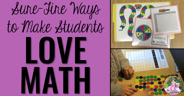 Image of math activities with text, "Sure-Fire Ways to Make Students Love Math."