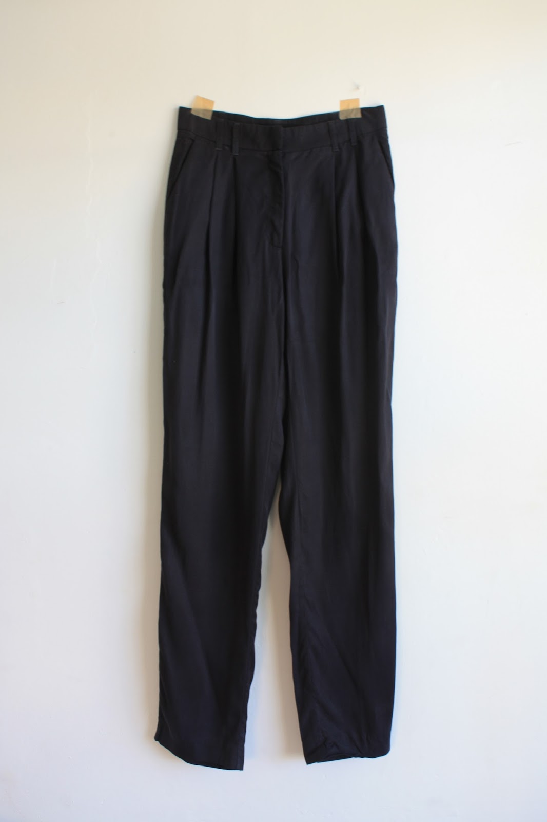 laws of general economy: Alpha60 Navy High-waisted Pleated Silk Pants