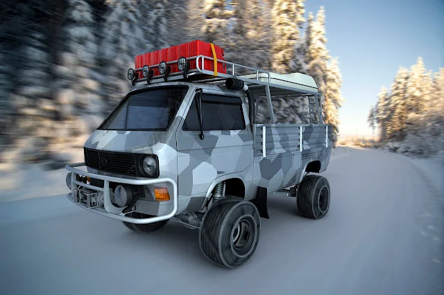 Custom VW T25 / T3 Transporter Pickup with Camouflage Paint and Snow Chains