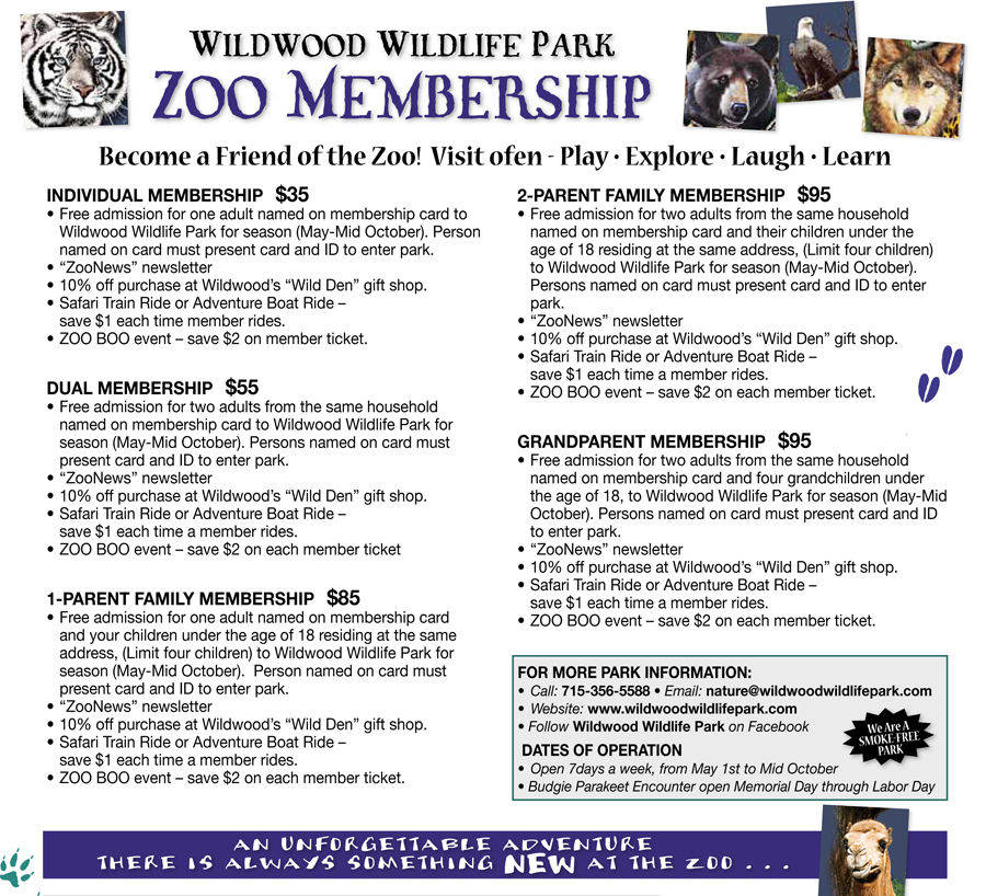 Wildwood Wildlife Park 2011 Membership Rates (Click To Enlarge)