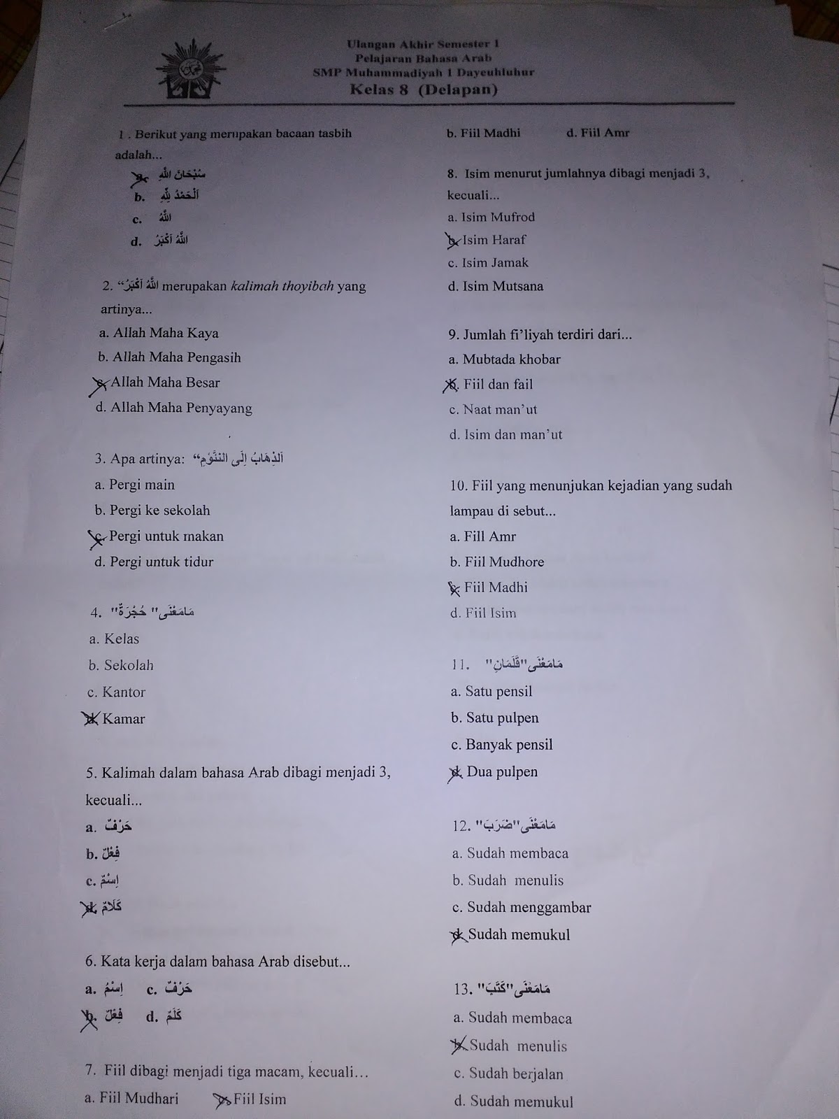 Contoh Soal UAS Bahasa Arab Kelas 8 SMP Mts Semester 1 dan Kunci Jawabannya