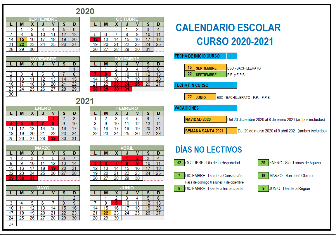 CALENDARIO ESCOLAR 2020-2021