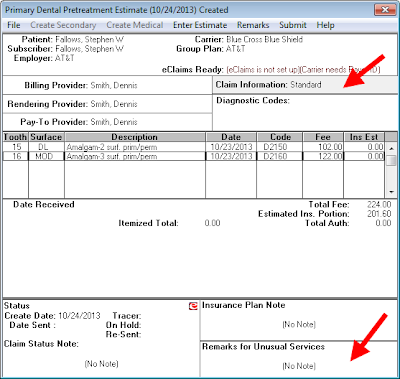 pre claim estimate send create dentrix treatment