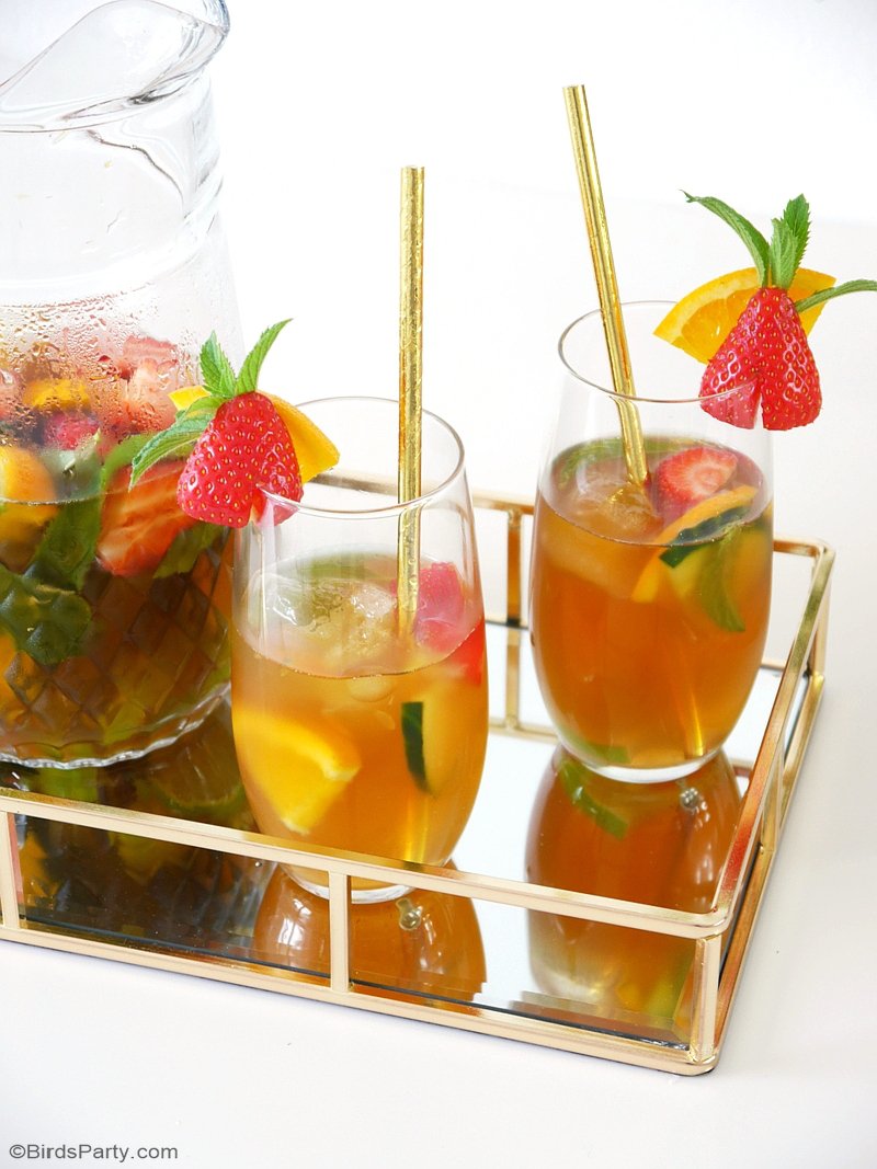 Pimm's No. 1 Cup Cocktail Recipe - a delicious, refreshing, big-batch cocktail that is so easy to make and  perfectly suited to any summer party! by BirdsParty;com @birdsparty #cocktail #pimmscocktail #pimmsnumberonecup #britishdrink #summercocktail #cocktailrecipe