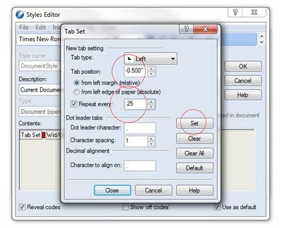 setting inch wordperfect tabs default tabset codes reveal note should there tab july keyliner