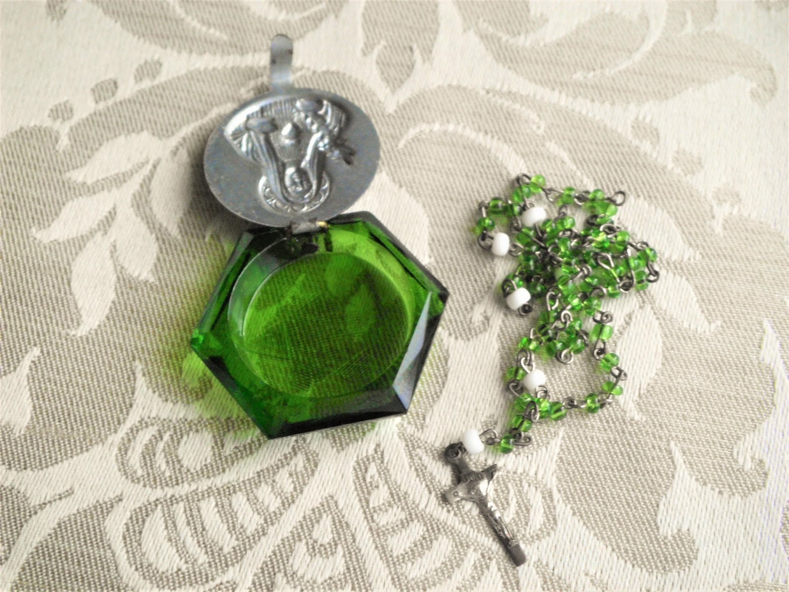 Vintage Religious Medals Vintage Czech Green Glass Locket Miniature