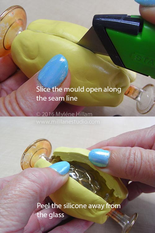 To remove the bottle from the mould, you'll need to carefully slice it open with a Staley knife.