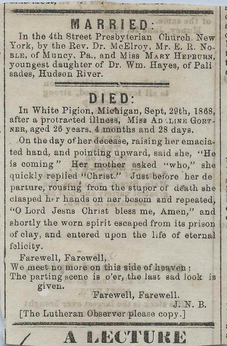 Heirlooms Reunited 1868 Newspaper Clipping, Muncy, Pennsylvania area 1) Marriage of Ernest