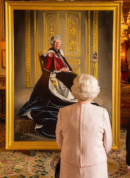 Queen Elizabeth Unveiles Her Portrait Marking Six Decades of Patronage. Style wore suit dress coat earrings bag