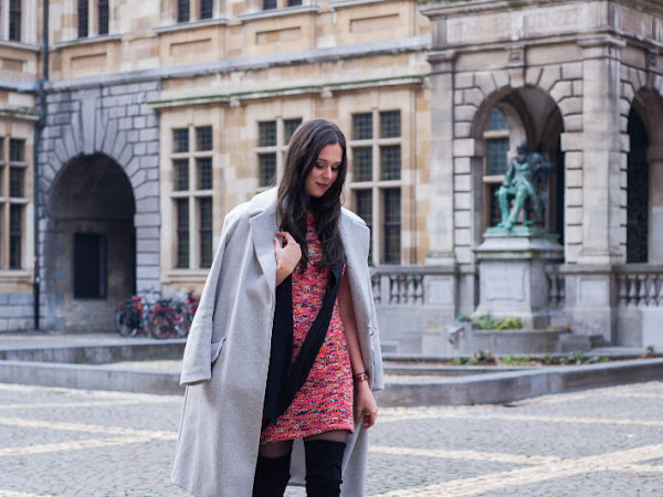 Outfit: sweater dress, thigh high boots