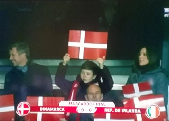 Crown Prince Frederik, Crown Princess Mary, Prince Christian, Prince Joachim and Prince Felix at Parken Stadium