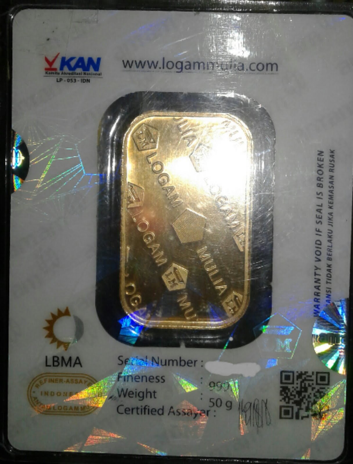 50gram Indonesia gold bar 24Carat fineness 999,9% purity