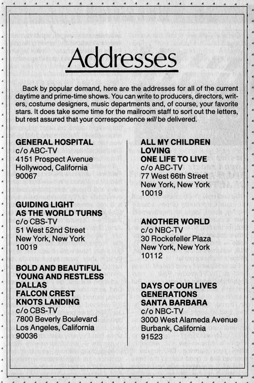 Soap Opera Studio AddressesAugust 8, 1989 (SOD)