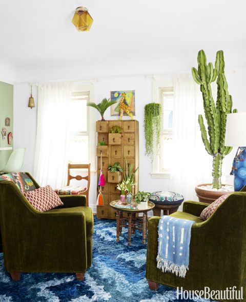 Boho home decor's maximalist maven share renovation - Jungalow living room BoHoHome.com @bohosusan; Justina Blakeney interview in House Beautiful. Photos by David Tsay