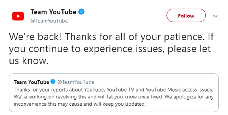 YouTube is back! YouTube is back!