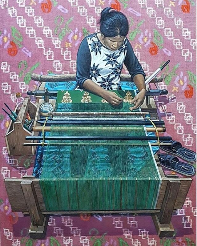 Dijual lukisan berjudul "Menenun Sarung Donggala" Karya Muhammad Aziz Alkatiri