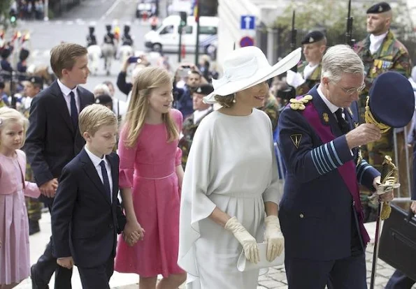 King Philippe of Belgium and Queen Mathilde of Belgium their children Princess Eleonore, Prince Emmanuel, Prince Gabriel and Crown Princess Elisabeth attend a religious service