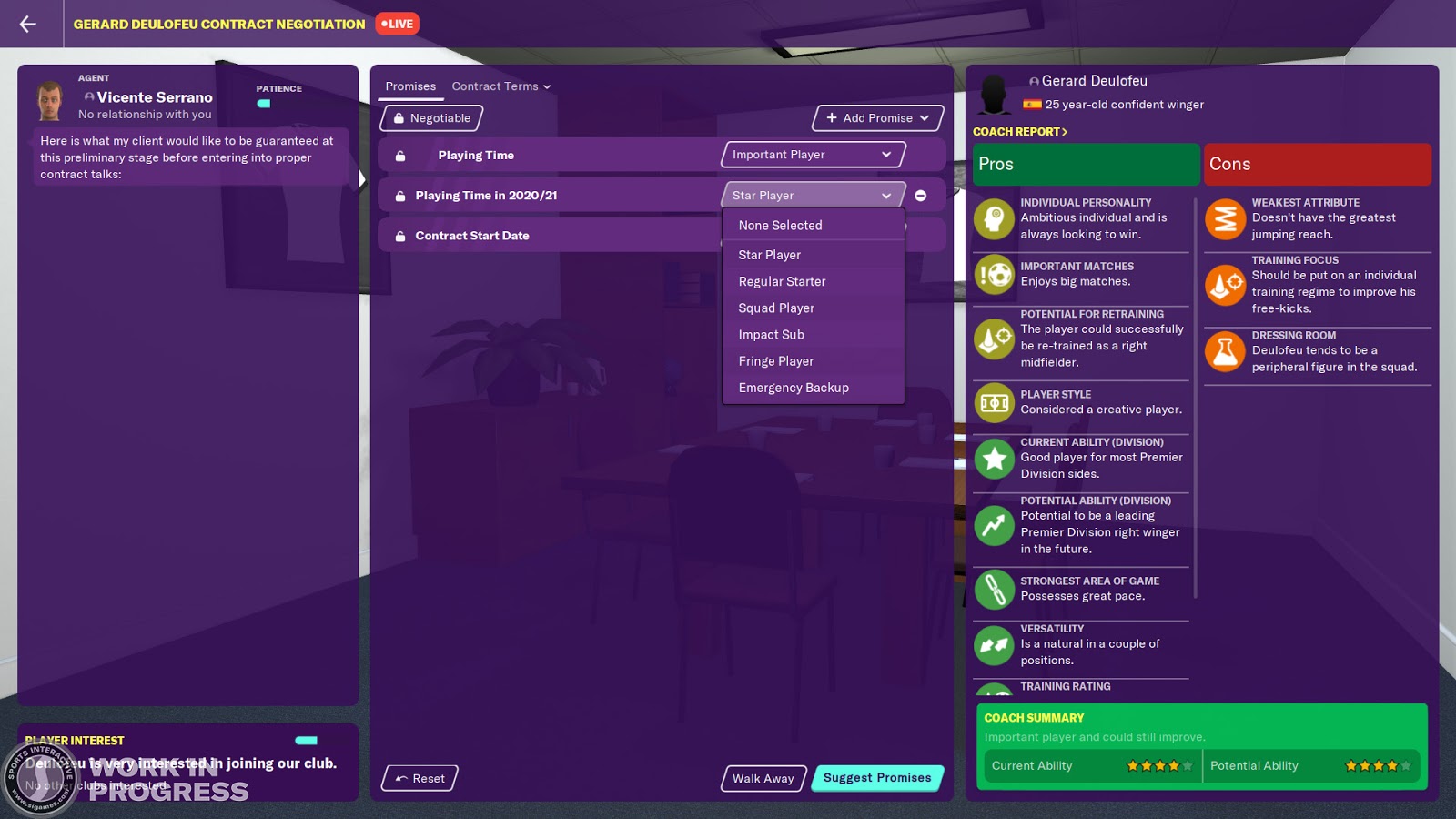 A contract offer screen with future playing time in Football Manager 2020