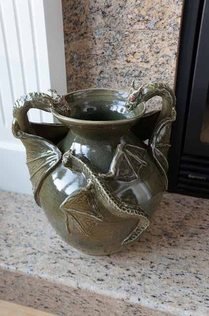 Huge hand thrown ceramic pot adorned in dragons, pottery by Lily L.